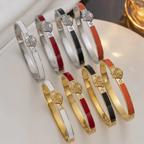 18K White Gold Medusa Head Red Oil Drip Stackable Diamond Inlay Bracelet No Fade - Picture 4 of 6